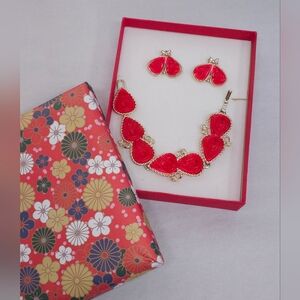 Vintage Jewelry Set 3D Cherry Red Lucite Bracelet & Clip Back Earrings Goldtone